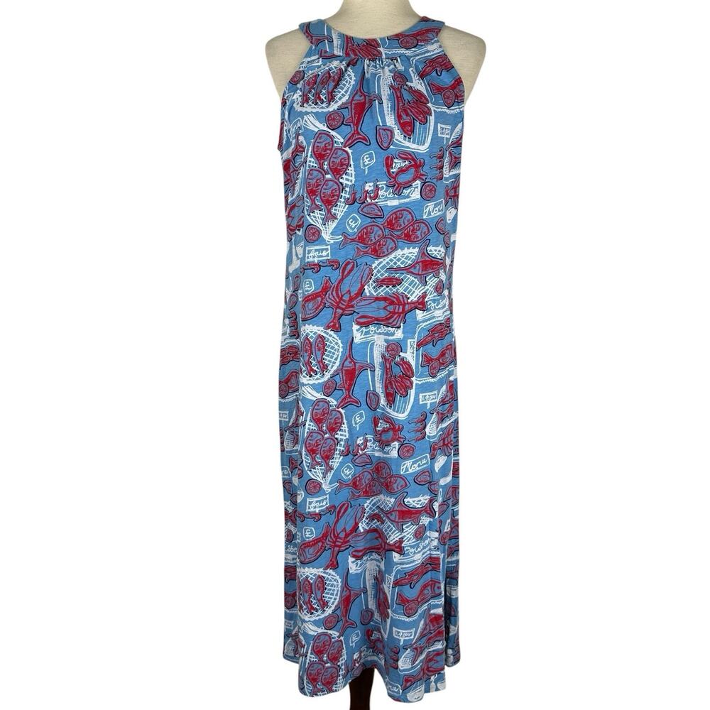 Talbots Nantucket Slub Halter Dress Women Medium Cotton Blue Red Fish Market